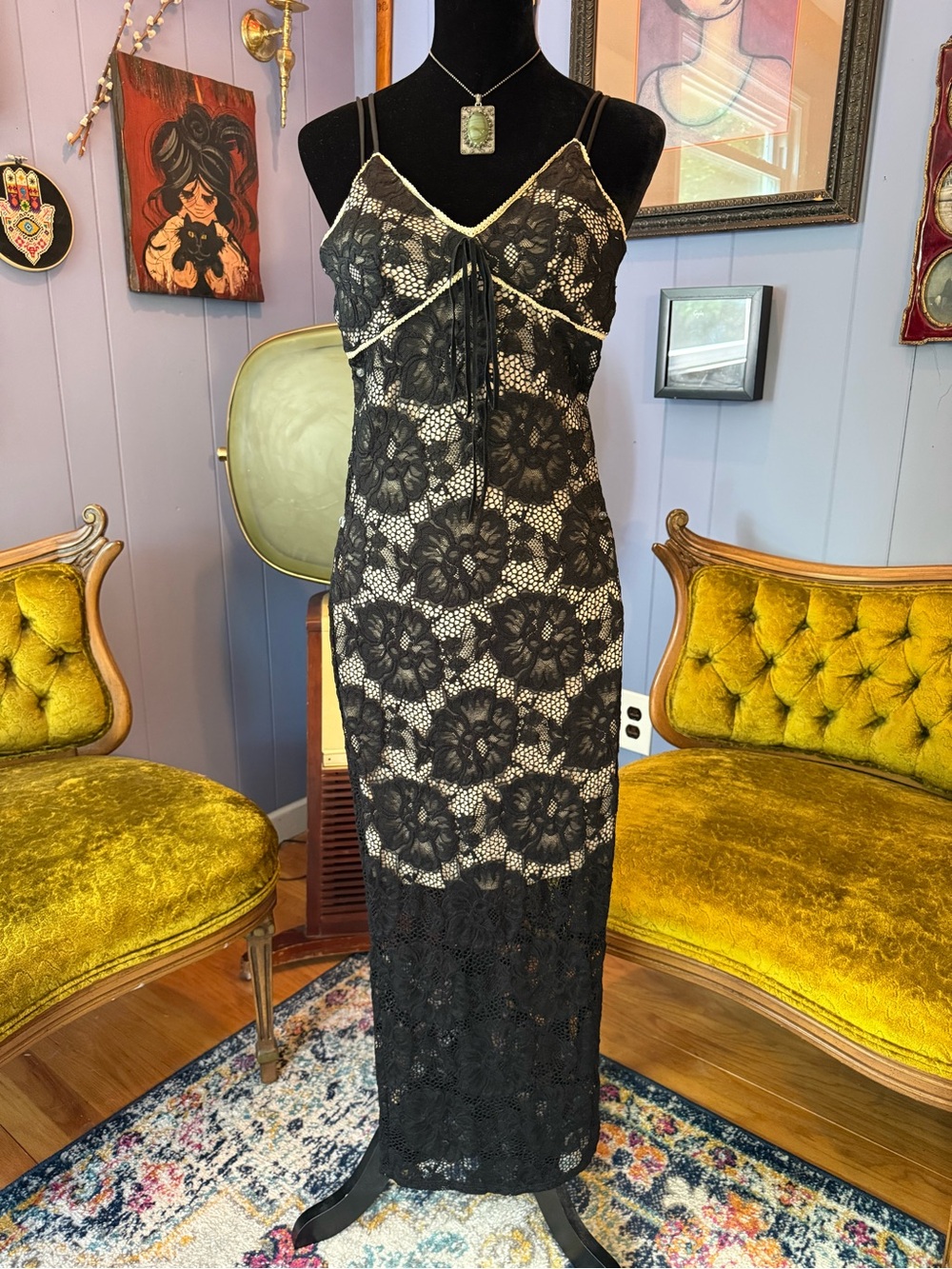 Vtg Y2K UK2LA Black Floral Lace Whimsigoth Romantic Goth Grunge Slip Dress